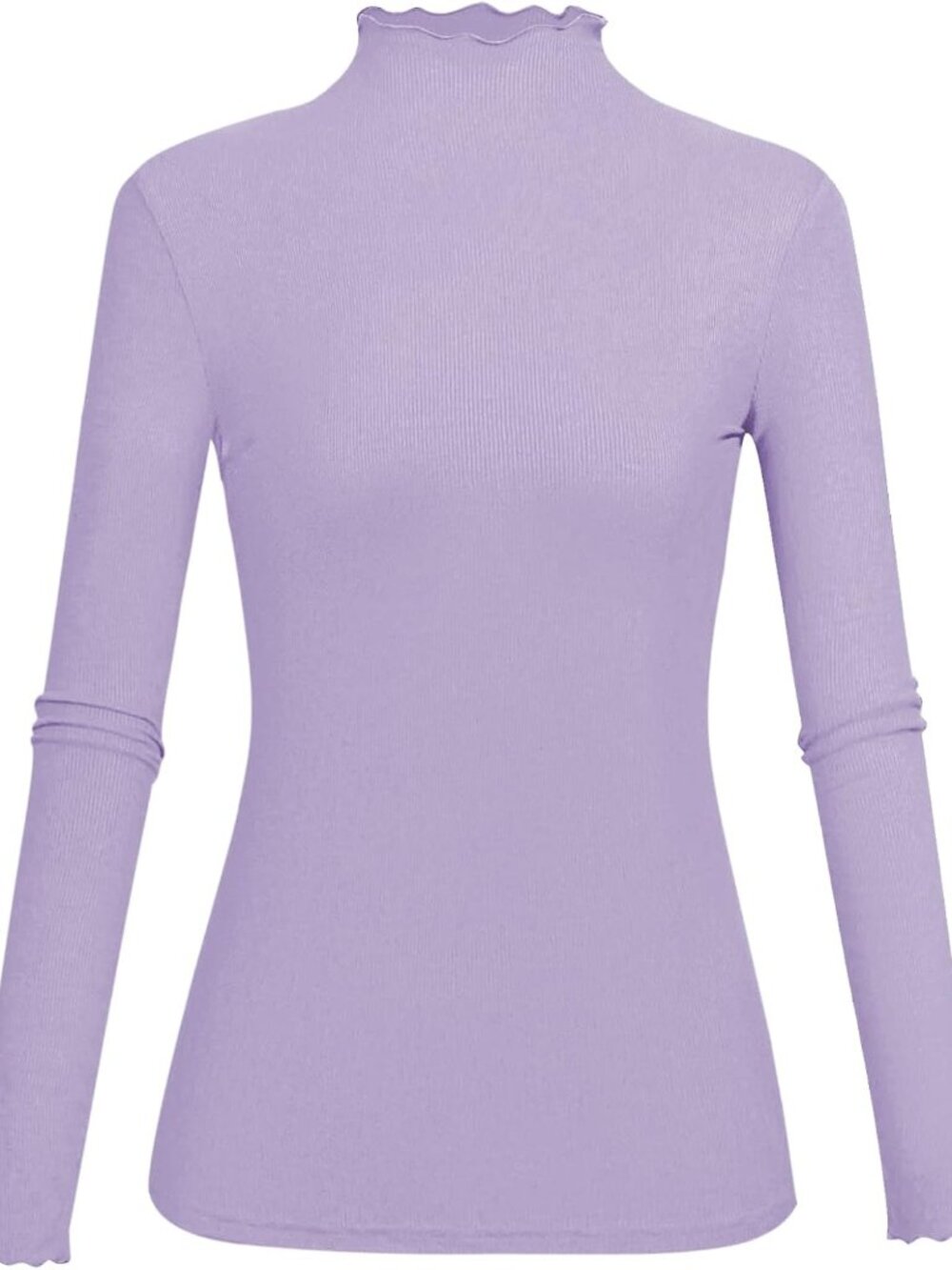 Lightweight Ruffle Mock Neck Tops Ribbed Lettuce Trim Soft Base Layer for Women
